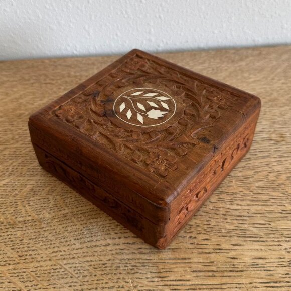 Hand Carved Floral Wooden Trinket Box, Bone Flower Inlay - Picture 1 of 8